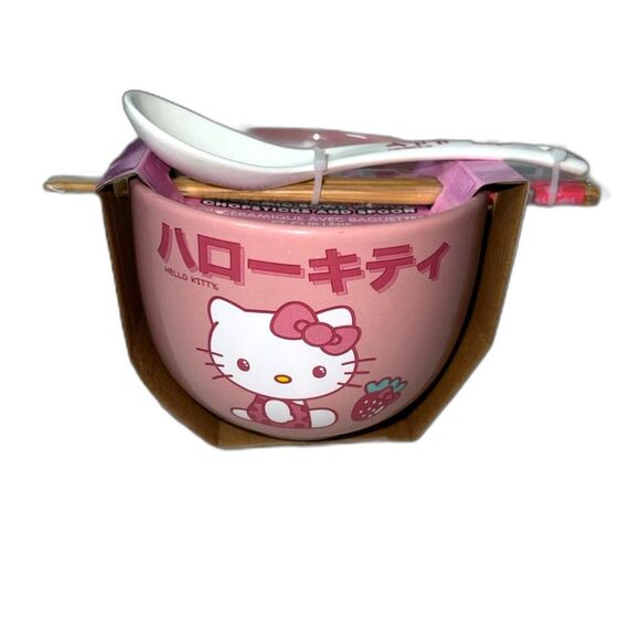 Hello Kitty By Sanrio Ceramic Noodles Bowl with Chopsticks & Spoon 20oz BrandNew - Picture 1 of 8